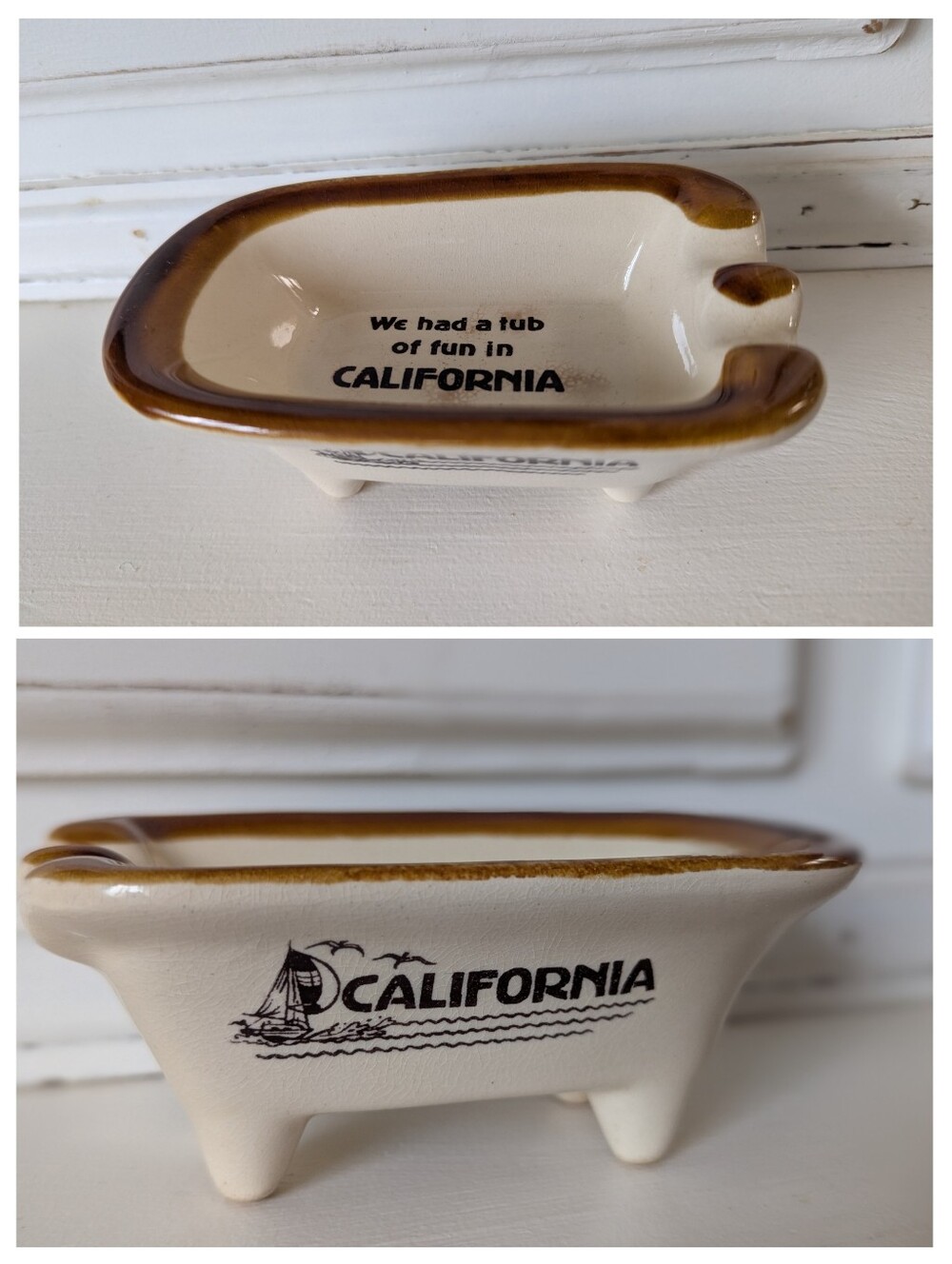 VTG 70s California State Souvenir Novelty Bathtub Ashtray Gift Beach Stoneware